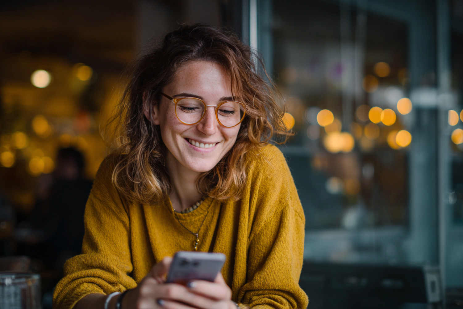 Eine Frau schaut lächelnd auf ihr Smartphone